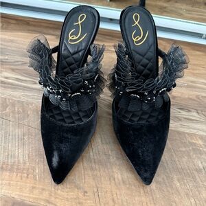 Sam Edelman Black Velvet Mules with Tulle and Beads